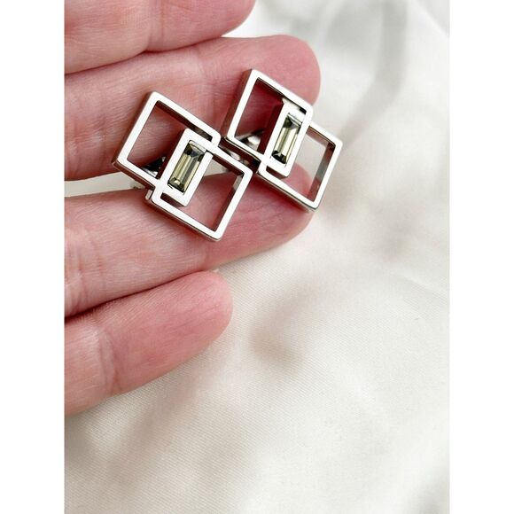 Swank modernist cube cufflinks silver tone with grey stone center - Picture 7 of 7